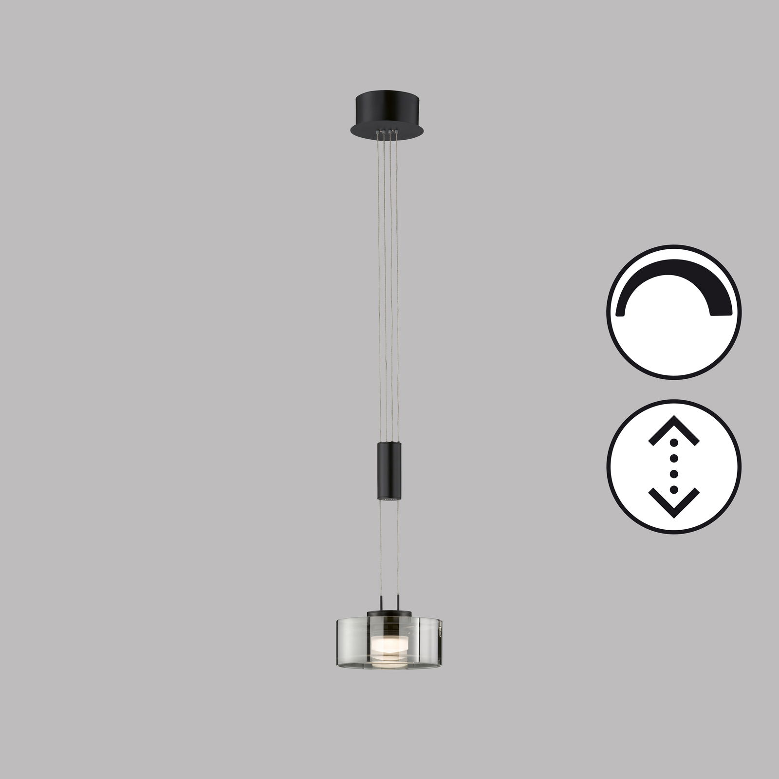Moderne Pendelleuchte Lavin in schwarzem Design, von vorne betrachtet, mit verstellbarer Höhe und dimmbarer Funktion.
