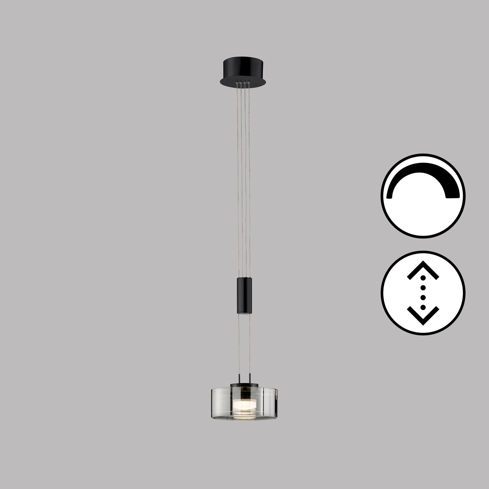 Fischer & Honsel Pendelleuchte LAVIN Moderne Pendelleuchte Lavin in schwarzem Design, von vorne betrachtet, mit verstellbarer Höhe und dimmbarer Funktion.