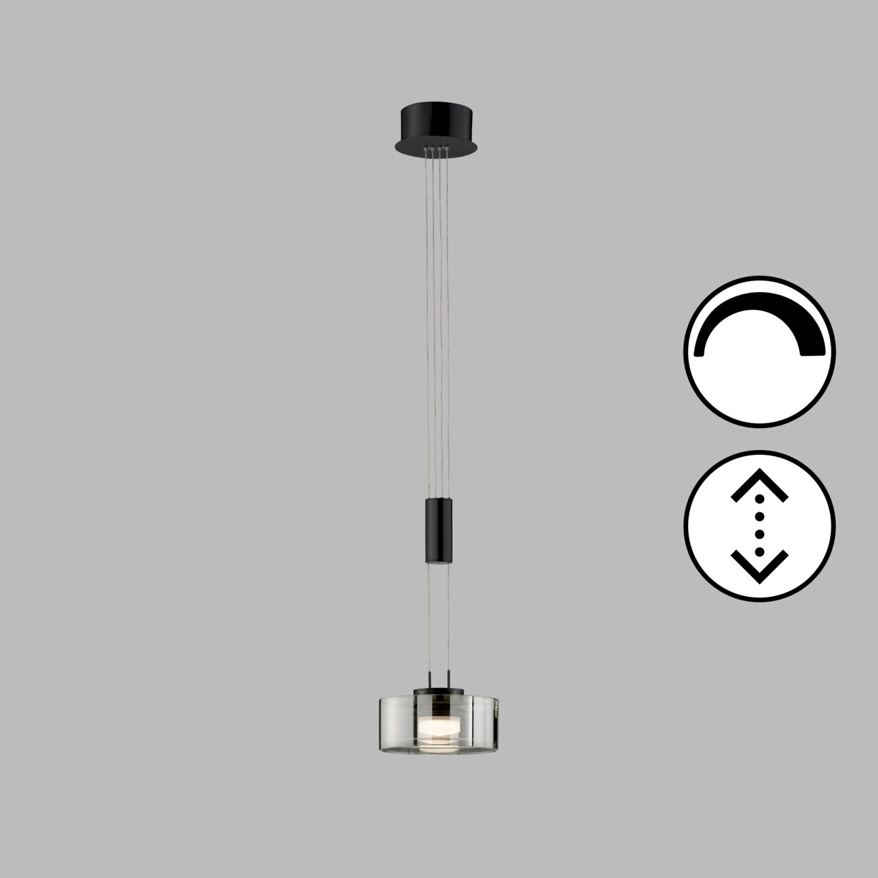 Moderne Pendelleuchte Lavin in schwarzem Design, von vorne betrachtet, mit verstellbarer Höhe und dimmbarer Funktion.