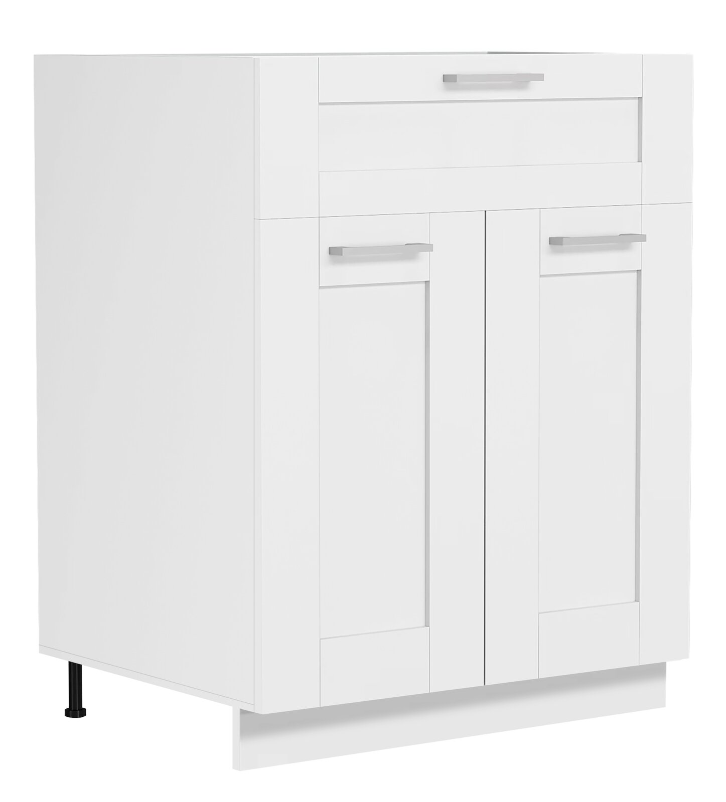 VCM Unterschrank Schublade 60 cm COLURA Weißer Bad-Unterschrank mit Schublade und zwei Türen, silbernen Griffen und schwarzen Füßen, frontale Ansicht leicht von links