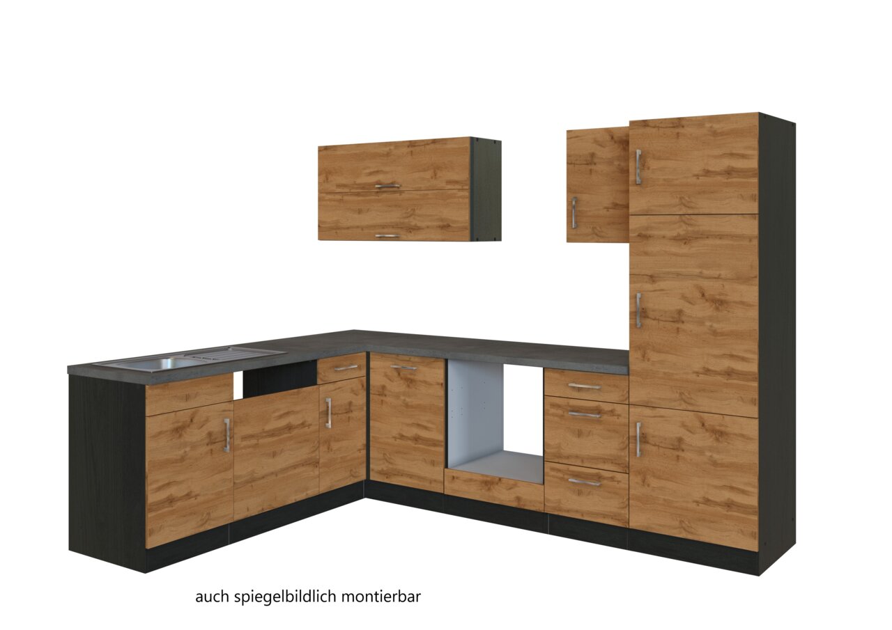 Eck-Küchenzeile in Holzoptik mit dunklen Arbeitsflächen, bestehend aus mehreren Schränken und einem Spülbecken, perspektivisch von vorne links betrachtet.
