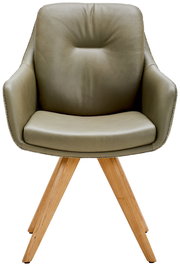 Moderner Armlehnstuhl mit olivgrünem Lederbezug und Holzbeinen, Frontalansicht