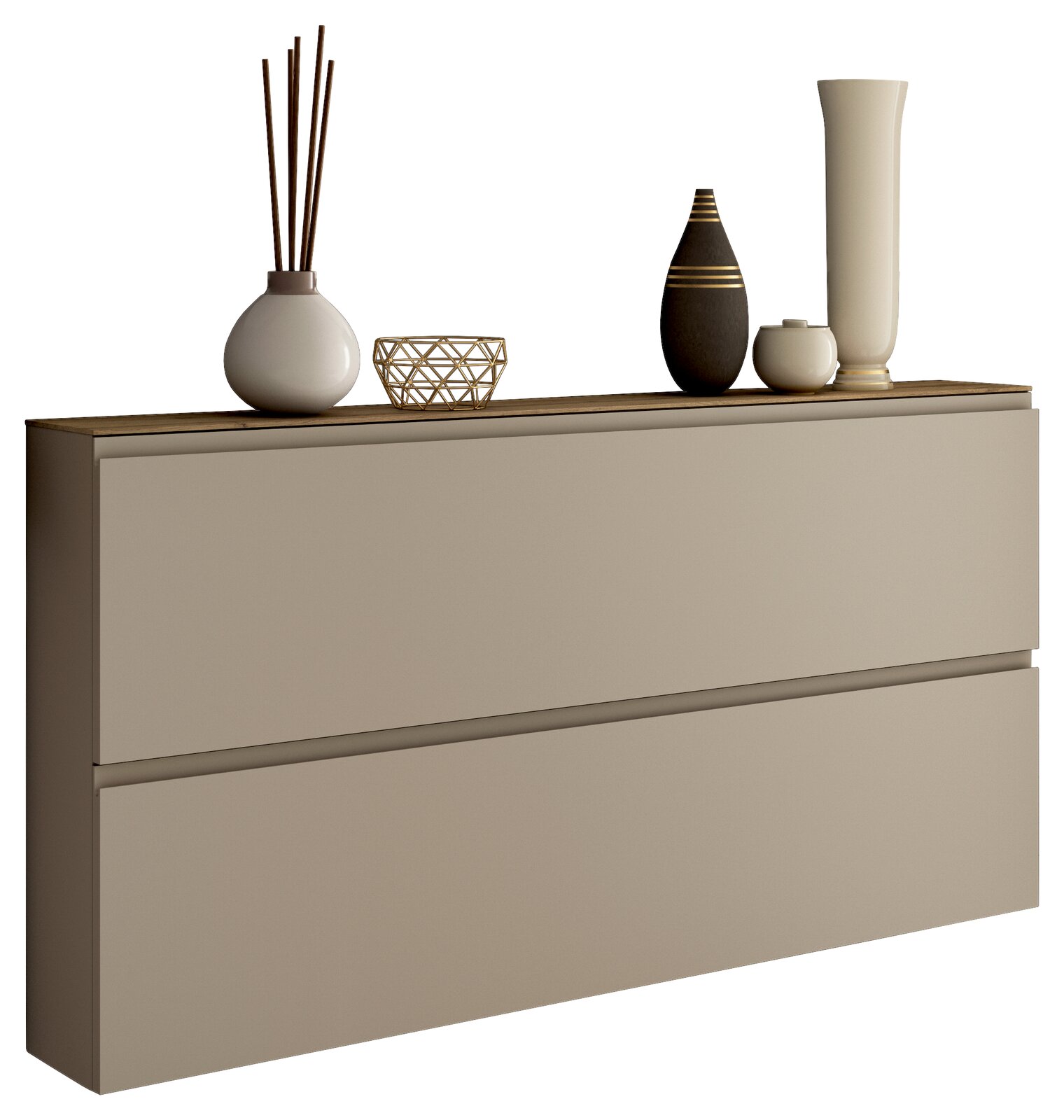 Moderner XL-Hängeschuhschrank mit zwei Schubladen, dekoriert mit Vasen und Accessoires, seitliche Perspektive.