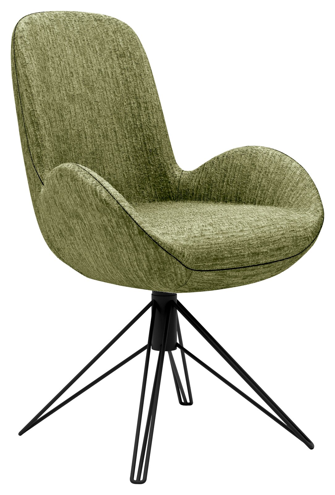 Grüner Armlehnstuhl mit modernem Design, schwarzem Metallgestell und seitlicher Perspektive
