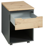 Rollcontainer Voleo Detroit mit einer offenen Schublade, aus Holz und Metall, Perspektive von vorne links