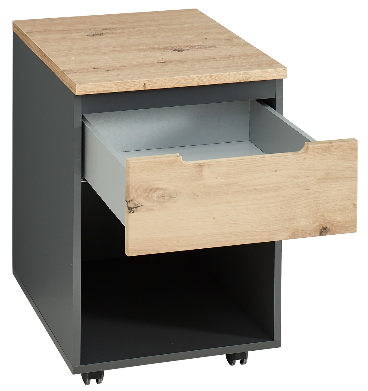 Rollcontainer Voleo Detroit mit einer offenen Schublade, aus Holz und Metall, Perspektive von vorne links