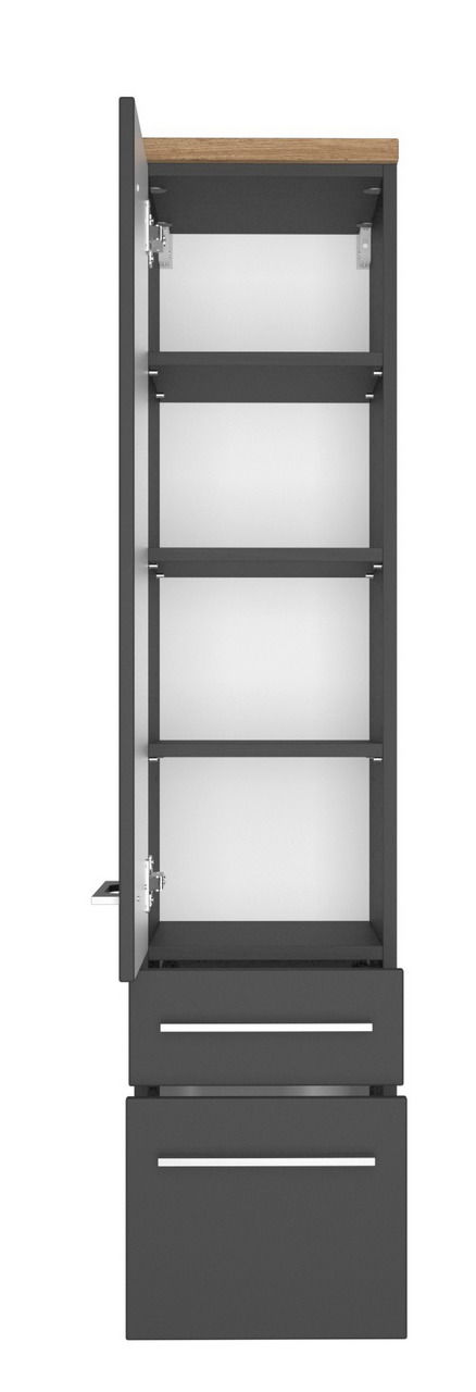 Moderner Midischrank in dunklem Design mit geöffneter Tür und Schubladen, Frontalansicht