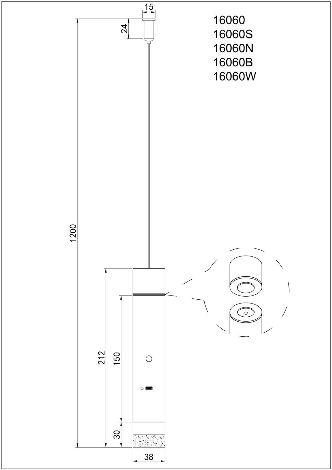 Technische Zeichnung einer Akku-Pendelleuchte mit zylindrischem Design, seitliche Ansicht mit Maßangaben.