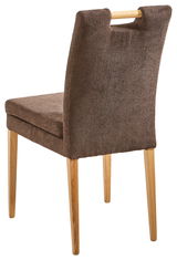 Rückansicht eines braunen Stuhls mit Holzbeinen und einem Griff an der Rückenlehne.