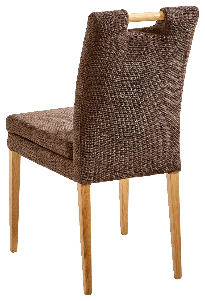 Rückansicht eines braunen Stuhls mit Holzbeinen und einem Griff an der Rückenlehne.