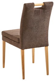 Rückansicht eines braunen Stuhls mit Holzbeinen und einem Griff an der Rückenlehne.