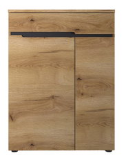 Houten schoenenkast in vooraanzicht met natuurlijke houtnerf en een modern ontwerp