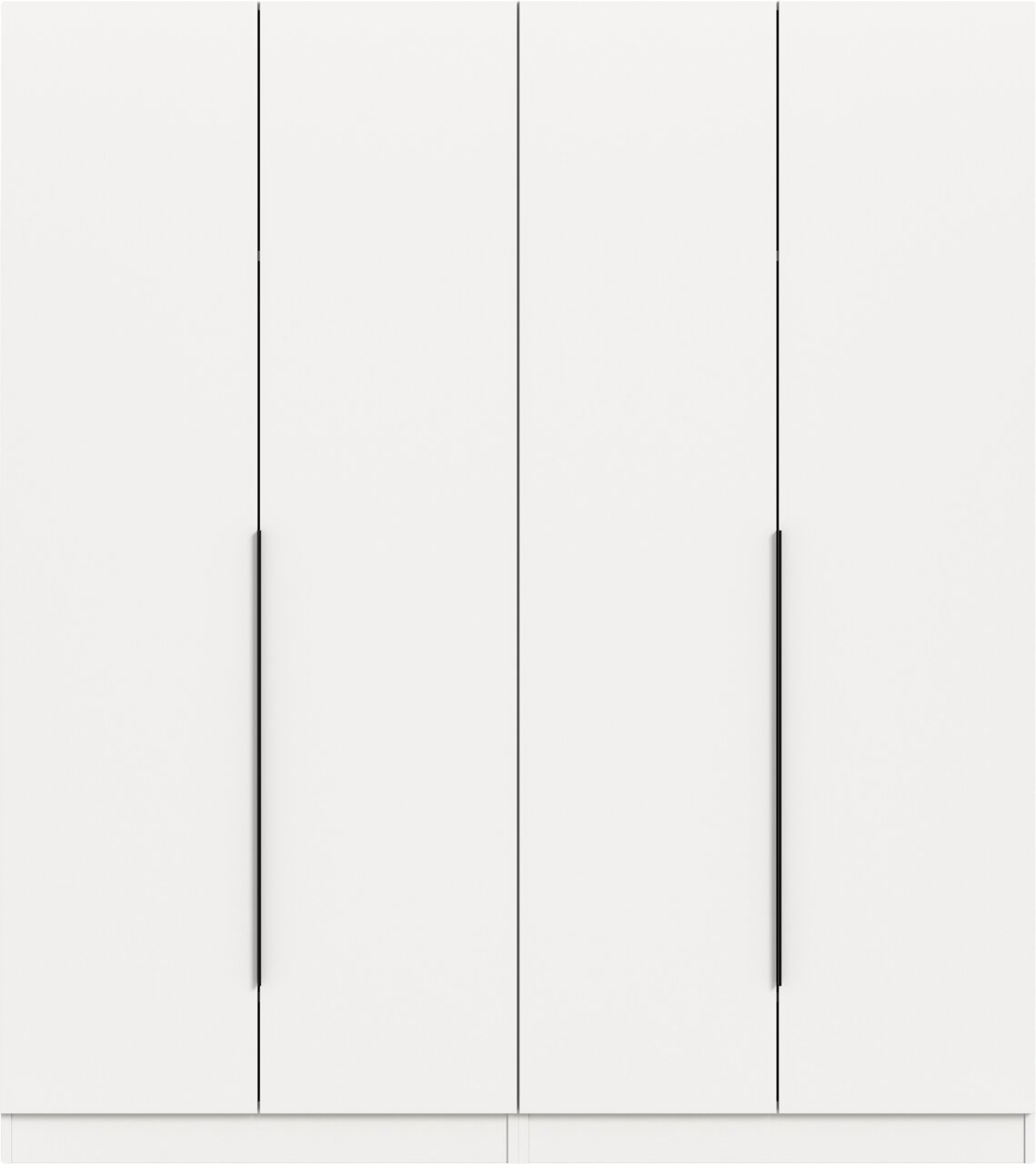 Frontansicht eines minimalistischen weißen Schranks mit drei Türen und langen schwarzen, vertikalen Griffleisten vor hellem Hintergrund