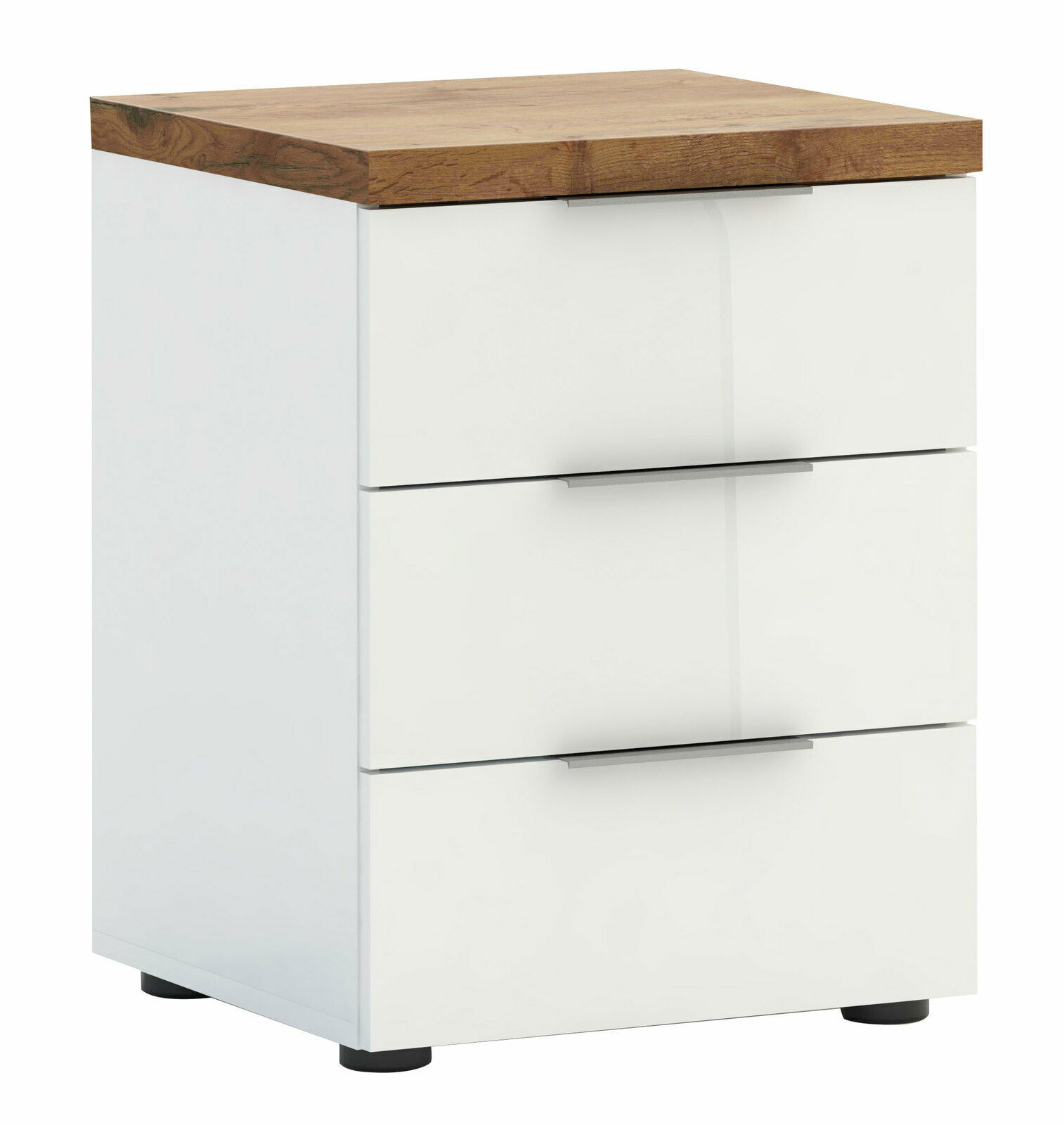 XORA Nachtkommode IDEA Weiße Nachtkommode mit drei Schubladen und einer Holzoberfläche, perspektivisch von vorne links fotografiert.