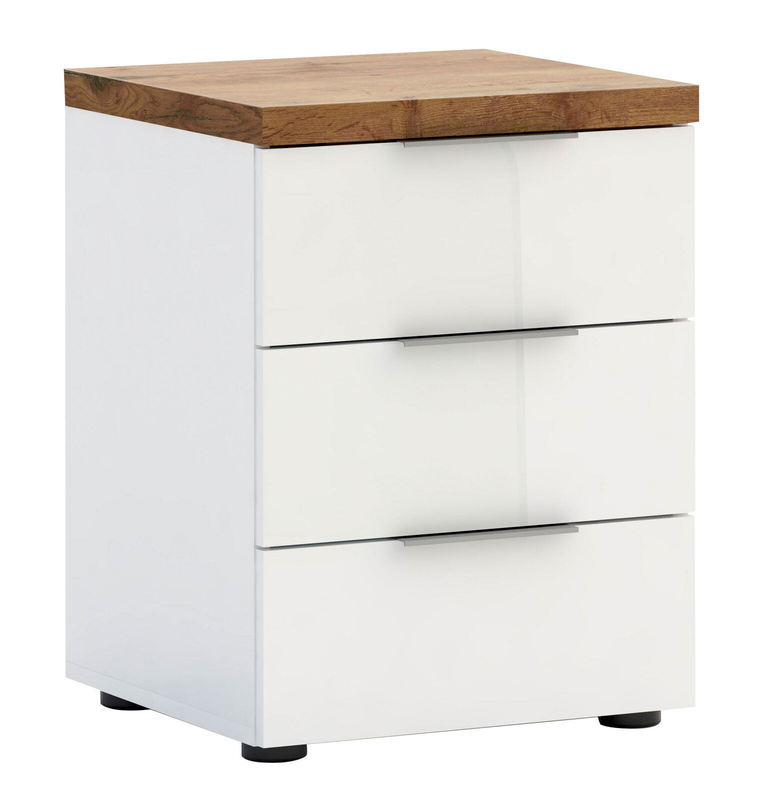 XORA Nachtkommode IDEA Weiße Nachtkommode mit drei Schubladen und einer Holzoberfläche, perspektivisch von vorne links fotografiert.
