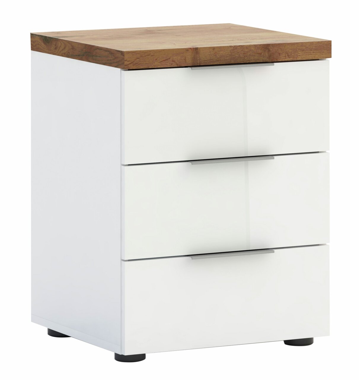 Weiße Nachtkommode mit drei Schubladen und einer Holzoberfläche, perspektivisch von vorne links fotografiert.