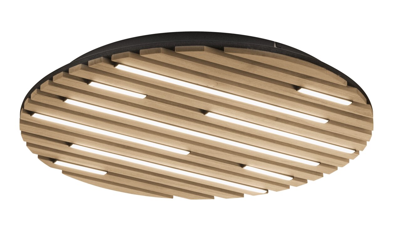 Moderne Wand- und Deckenleuchte mit Holzlamellen, seitliche Perspektive