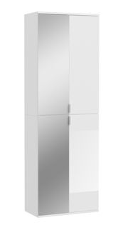 Weiße Garderobenkombination mit zwei Türen, eine davon mit Spiegel, aus der Perspektive leicht von der Seite betrachtet.