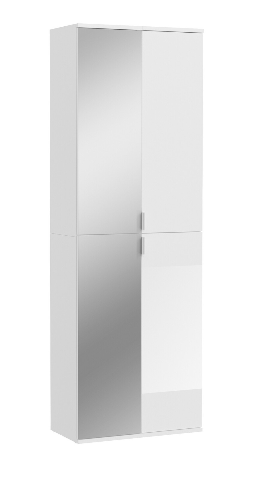 Weiße Garderobenkombination mit zwei Türen, eine davon mit Spiegel, aus der Perspektive leicht von der Seite betrachtet.