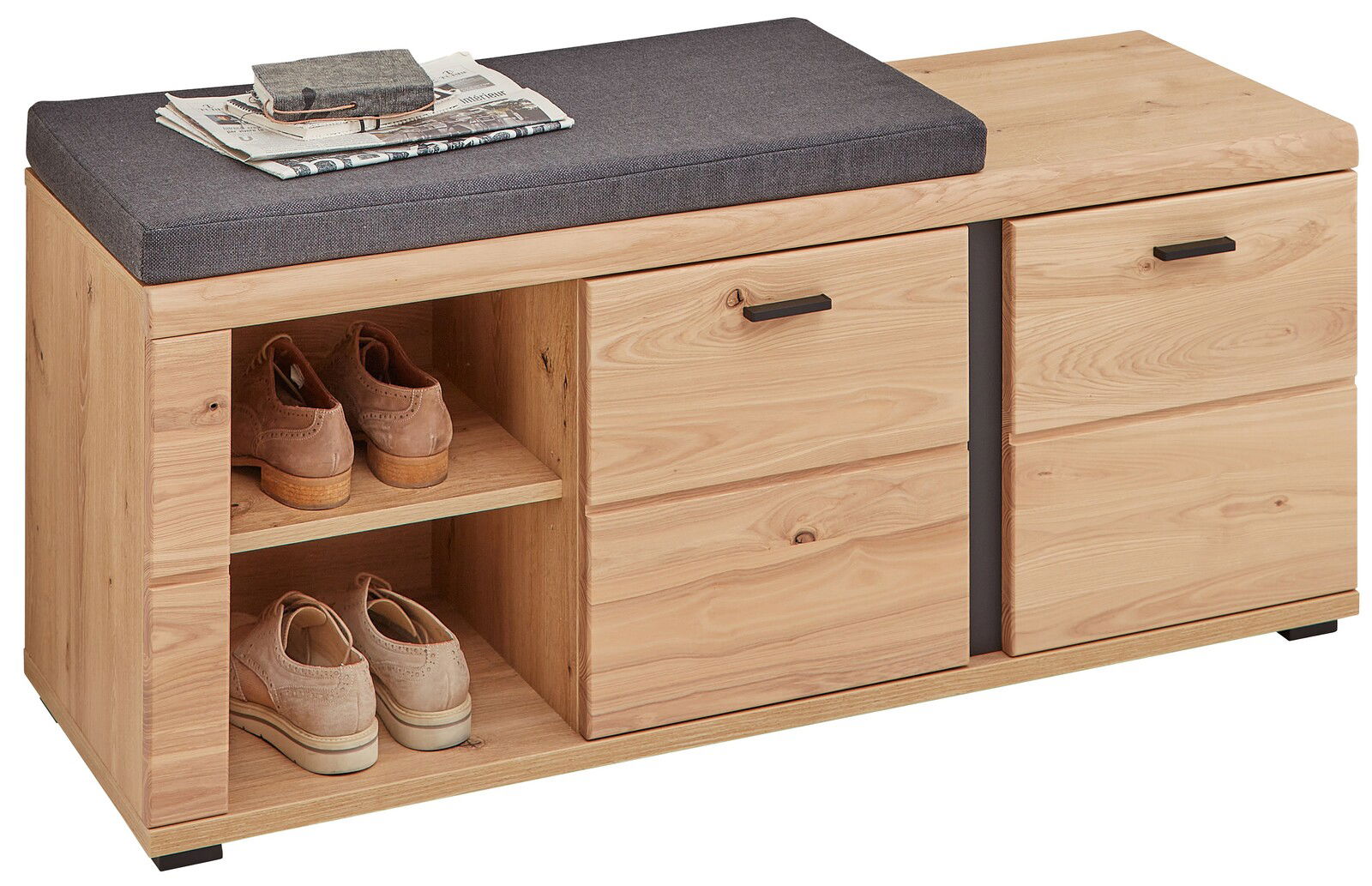 Linea Natura XL-Bank SONOS Holzbank mit grauem Sitzpolster, zwei Schubladen und offenen Regalfächern, seitliche Perspektive