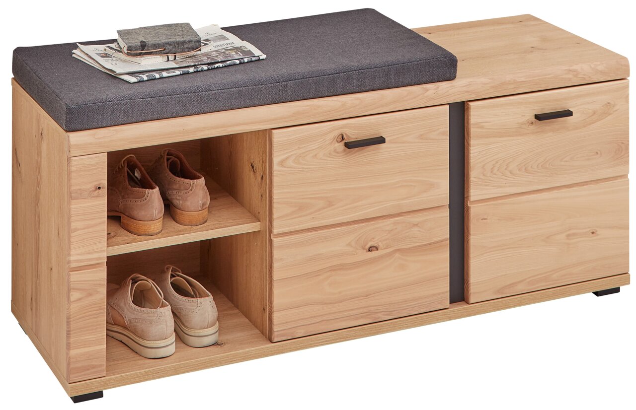 Linea Natura XL-Bank SONOS Holzbank mit grauem Sitzpolster, zwei Schubladen und offenen Regalfächern, seitliche Perspektive