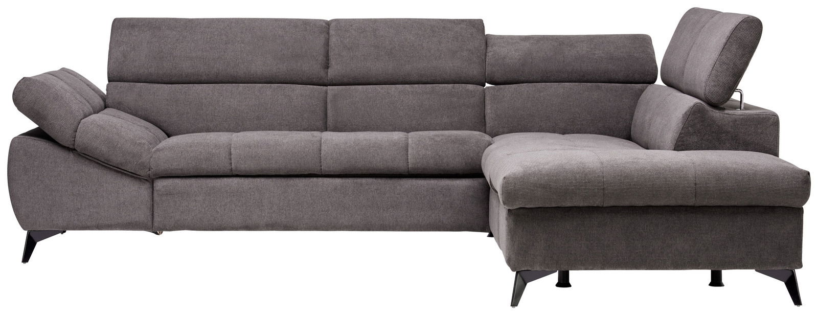 Graue Eckgarnitur mit verstellbaren Kopfstützen, seitliche Perspektive