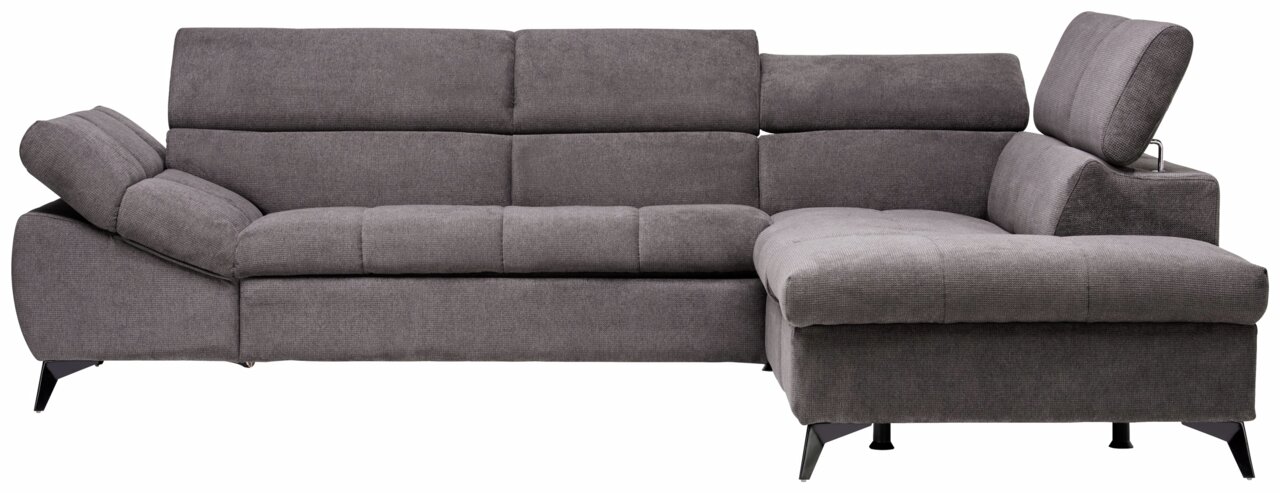 Graue Eckgarnitur mit verstellbaren Kopfstützen, seitliche Perspektive