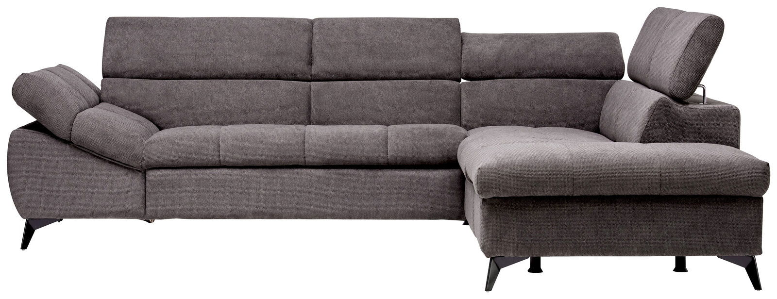 Graue Eckgarnitur mit verstellbaren Kopfstützen, seitliche Perspektive