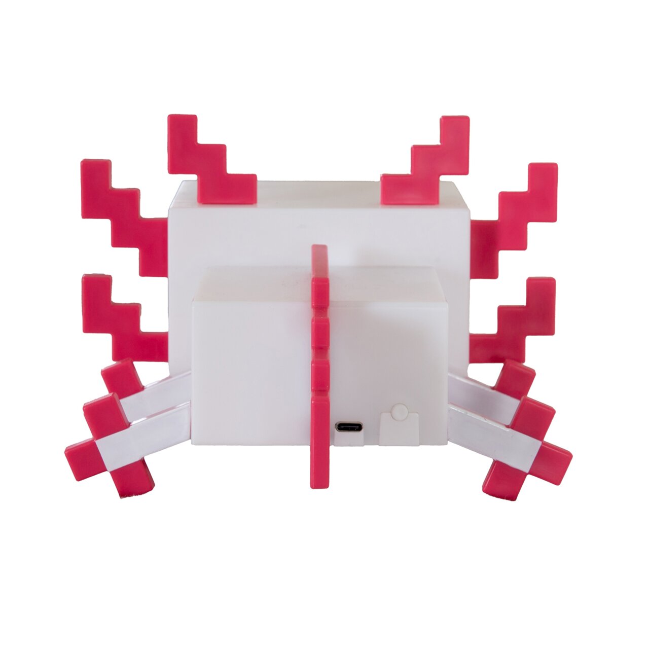 Witte, kubusvormige ledlamp met roze, pixelachtige puntige elementen en een zichtbare USB-C-aansluiting, vooraanzicht op een witte achtergrond