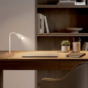 Moderne weiße LED-Schreibtischlampe mit flexiblem Arm und rundem roségoldfarbenem Fuß auf Holzschreibtisch, warmes Licht; seitliche Perspektive im Homeoffice mit Regal, Laptop, Notizbuch und Pflanze