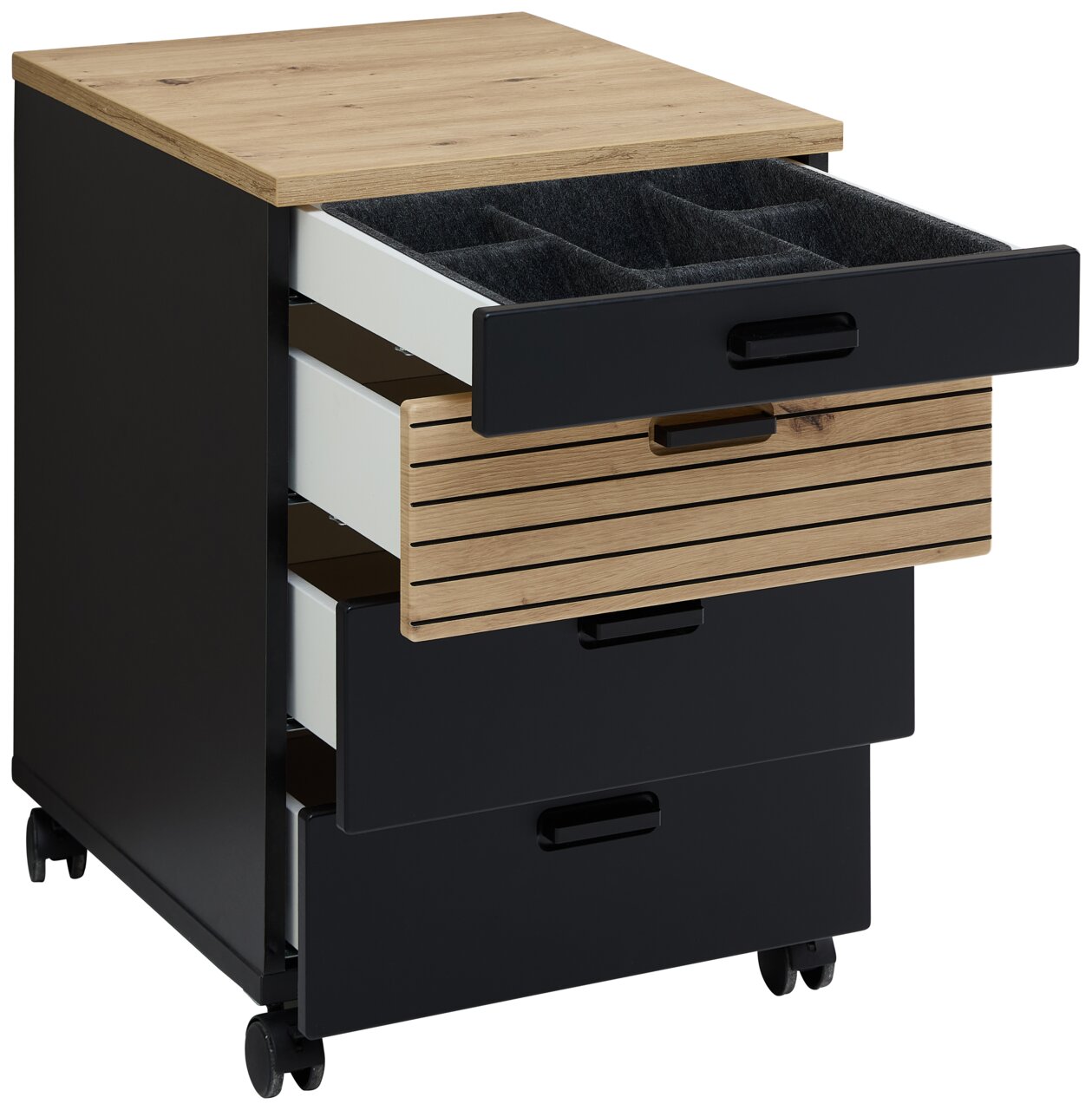 Rollcontainer mit vier Schubladen, teilweise geöffnet, aus schwarzem und holzfarbenem Material, auf Rollen, seitliche Perspektive
