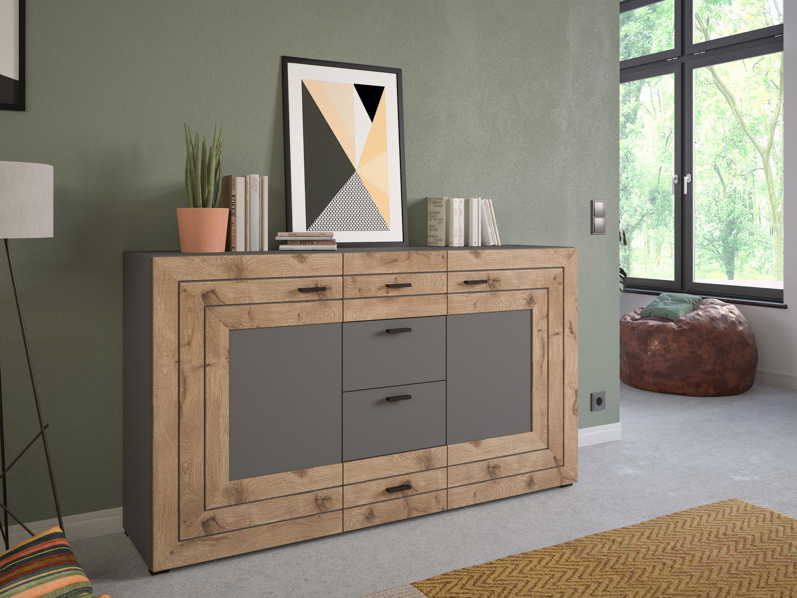 Modernes Sideboard aus Holz und grauem Material, frontal fotografiert, dekoriert mit Pflanzen und Büchern.
