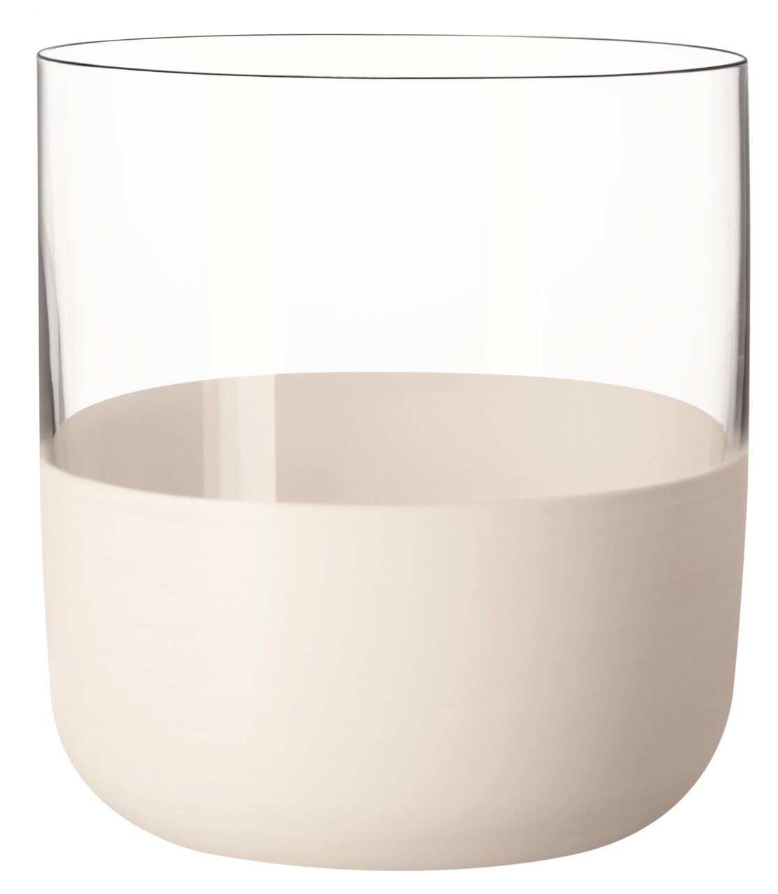 Schnapsglas mit klarem oberen Teil und beigem unteren Teil, seitliche Perspektive