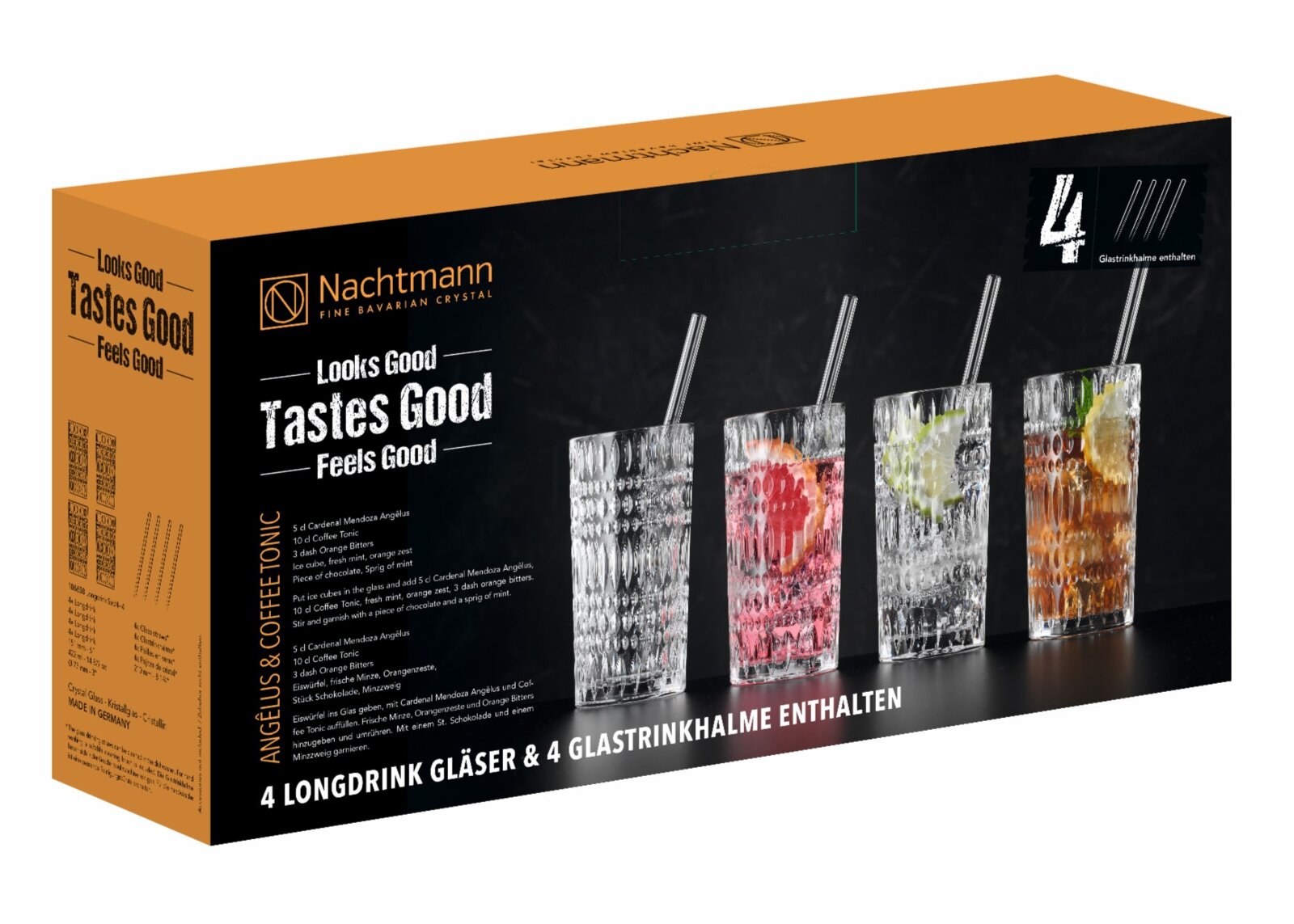 Nachtmann geschenkverpakking met 4 longdrinkglazen en 4 glazen rietjes, schuin van voren (3/4-aanzicht) op witte achtergrond