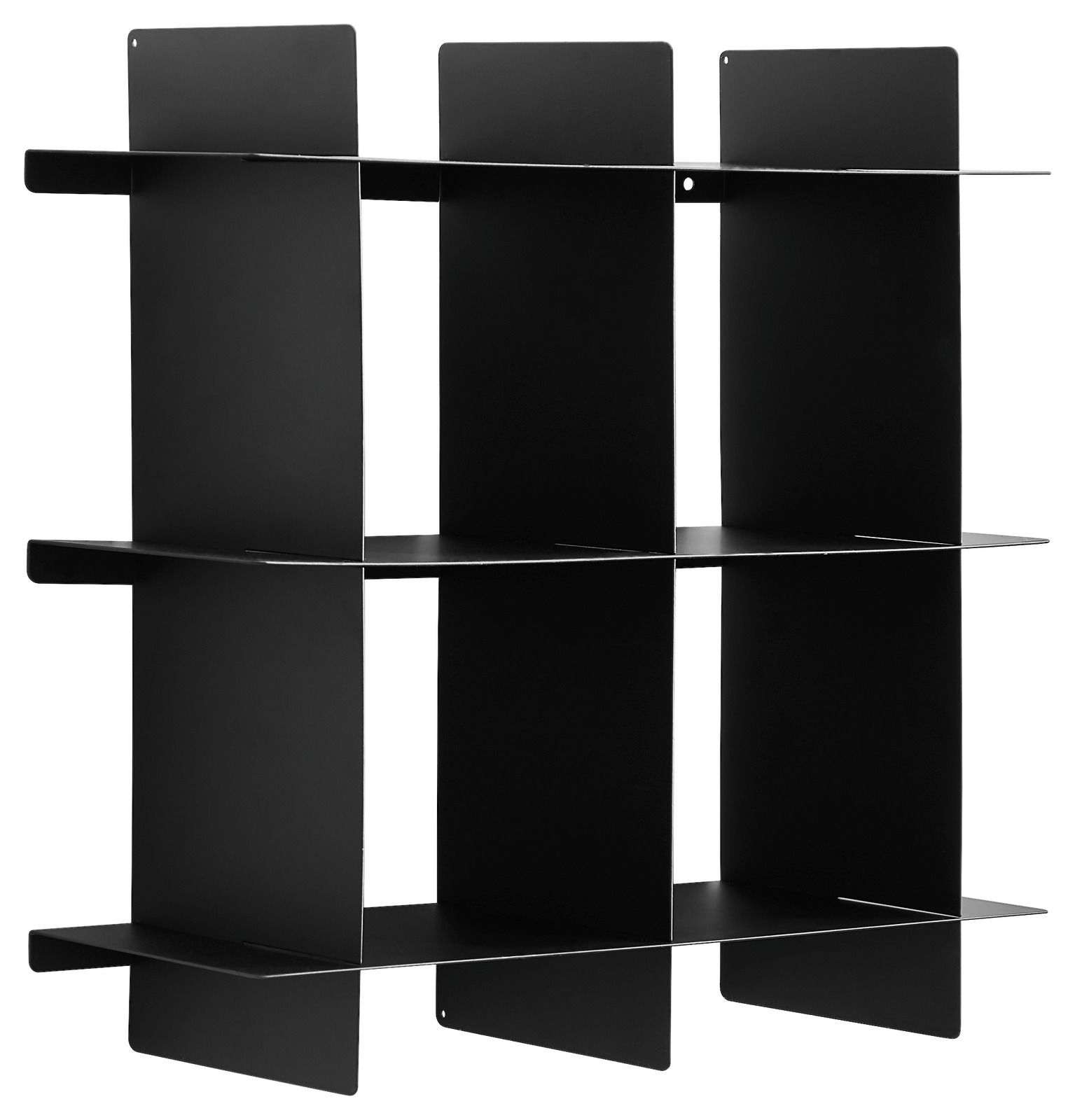 Schwarzes, modernes Wandregal aus Metall mit mehreren Fächern, seitliche Perspektive