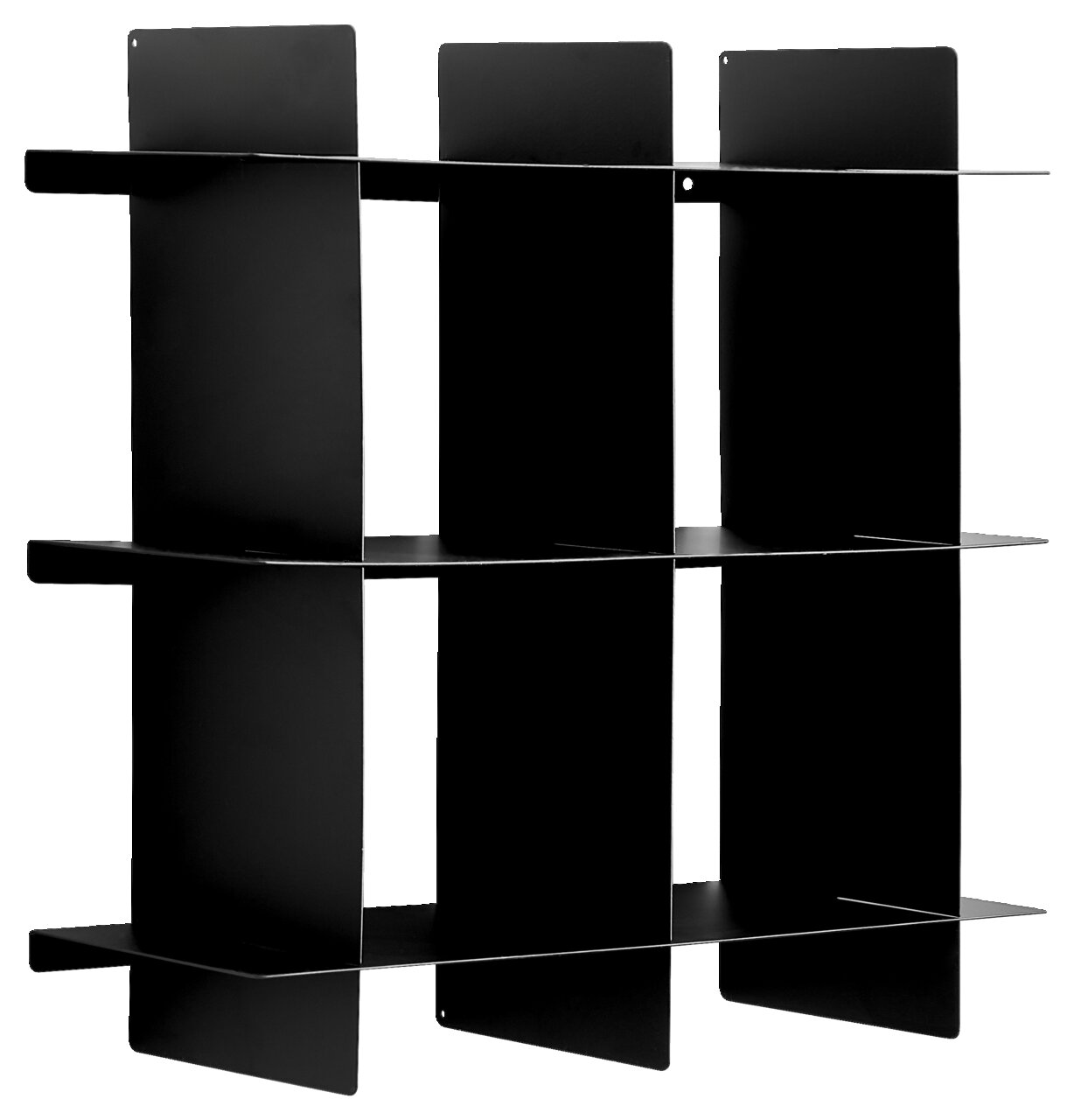 Schwarzes, modernes Wandregal aus Metall mit mehreren Fächern, seitliche Perspektive
