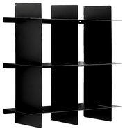 Schwarzes, modernes Wandregal aus Metall mit mehreren Fächern, seitliche Perspektive