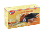 Verpakking van de Dr. Oetker Back-Freude mini-cakevorm van 15 cm, schuin van voren gefotografeerd, met een afbeelding van een gebakken cake en de cakevorm.