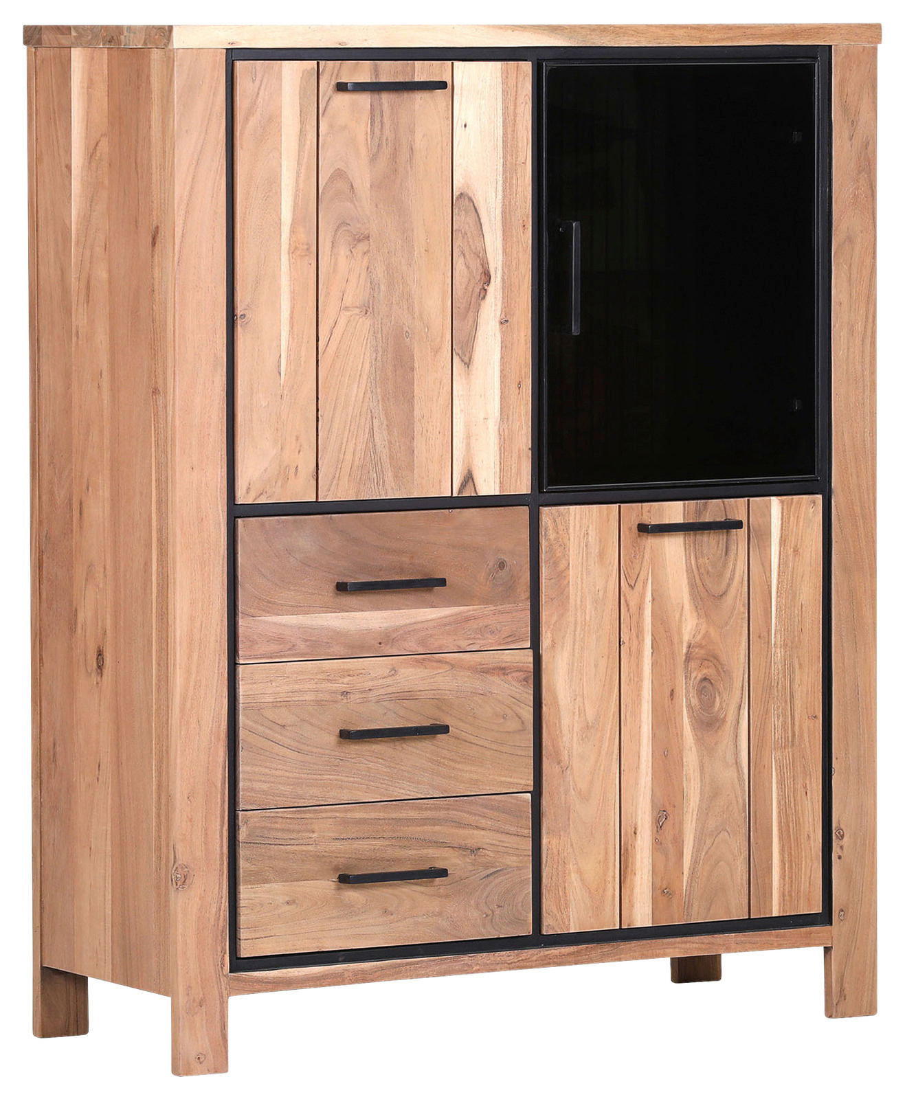 Hochwertiges Highboard aus Holz mit drei Schubladen und zwei Türen, eine davon mit Glaseinsatz, in einer schrägen Perspektive.