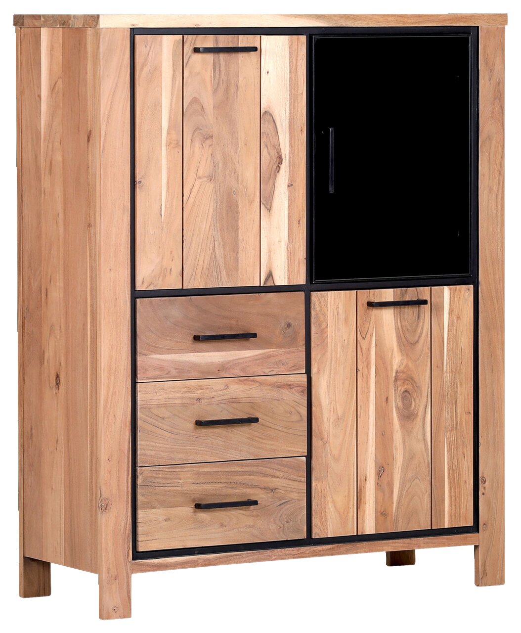 Hochwertiges Highboard aus Holz mit drei Schubladen und zwei Türen, eine davon mit Glaseinsatz, in einer schrägen Perspektive.