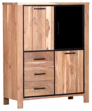 Hochwertiges Highboard aus Holz mit drei Schubladen und zwei Türen, eine davon mit Glaseinsatz, in einer schrägen Perspektive.