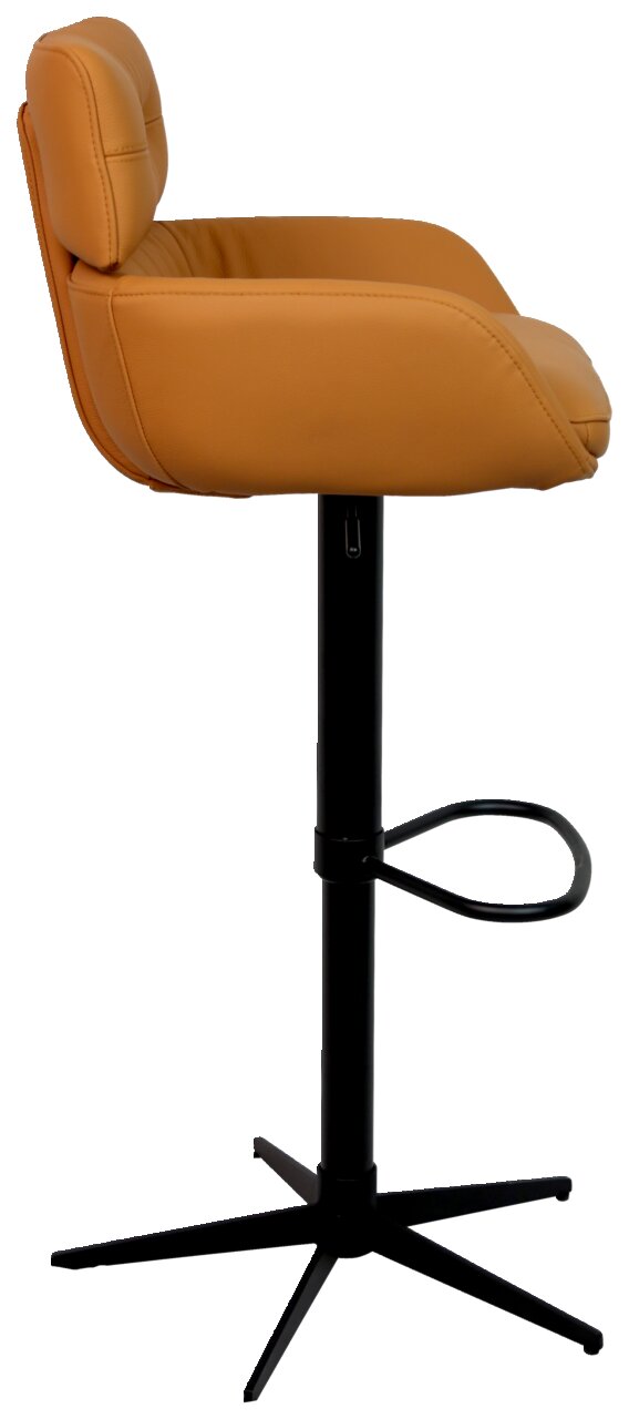 Moderner Barhocker in Seitenansicht mit braunem Polstersitz und schwarzem Metallgestell.
