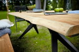 Nahaufnahme eines Esstisches aus Holz mit natürlicher Kante, im Freien aufgestellt, mit Laptop und Äpfeln darauf.