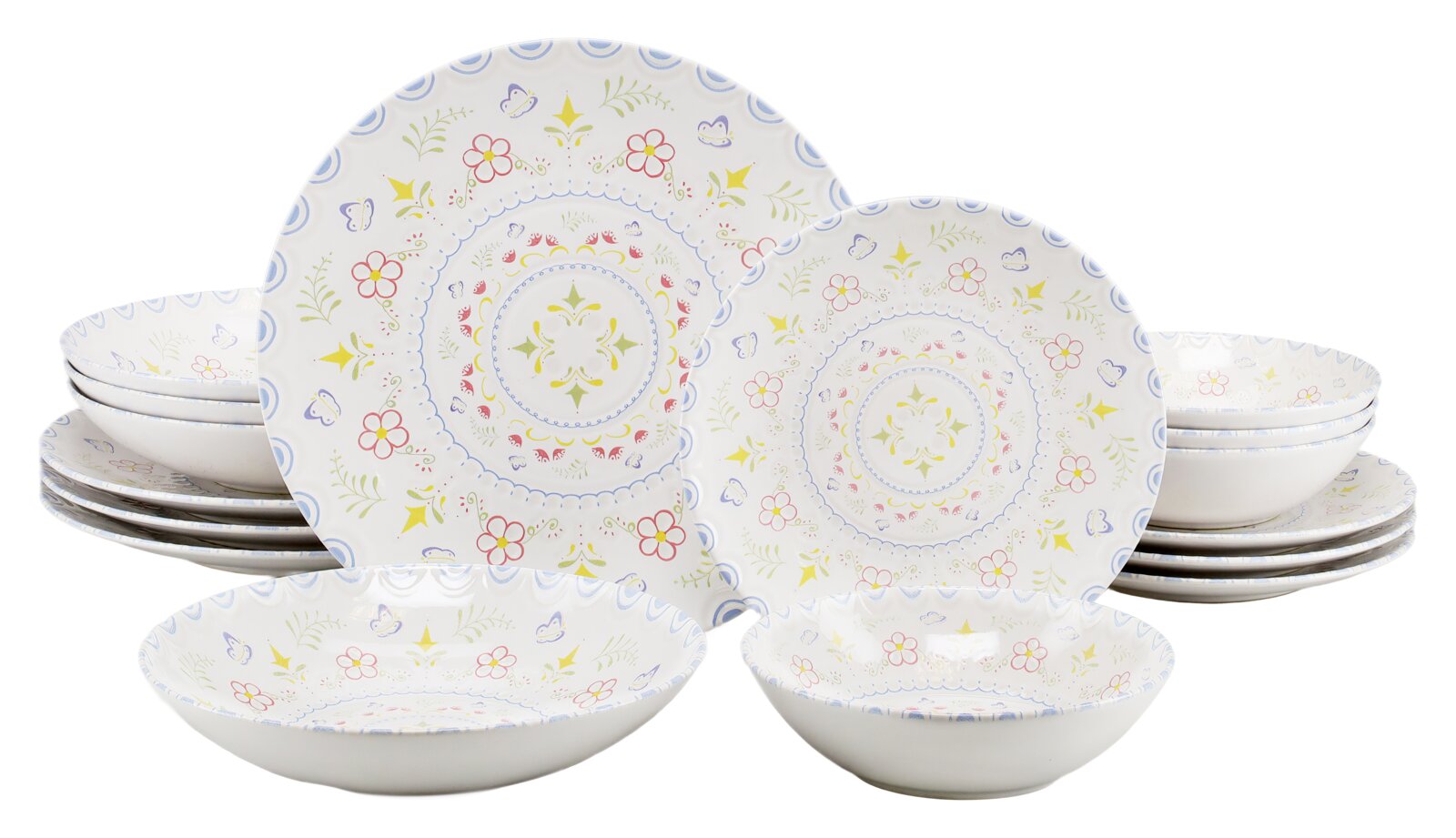 Creatable Tellerset 16-tlg PRIMAVERA Mehrteiliges weißes Geschirrset aus Porzellan/Keramik mit floralem, buntem Muster (Blumen und Ornamente in Gelb, Blau, Rot und Grün), bestehend aus Tellern und Schalen, frontal in leicht erhöhter Perspektive auf weißem Hintergrund angeordnet
