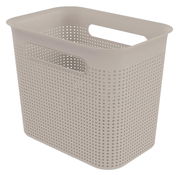 Beige, schmale Aufbewahrungsbox mit Griffen und perforiertem Design, seitliche Perspektive