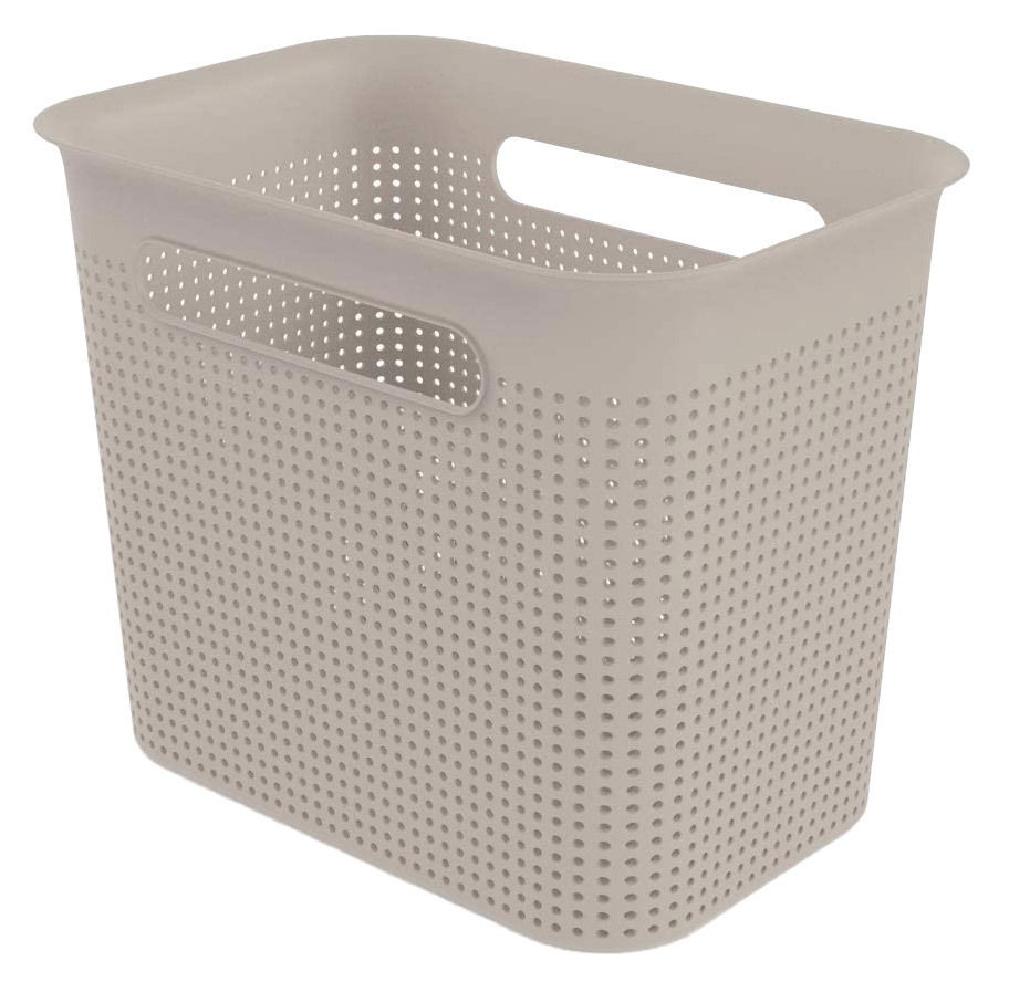 Beige, schmale Aufbewahrungsbox mit Griffen und perforiertem Design, seitliche Perspektive