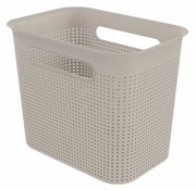 Beige, schmale Aufbewahrungsbox mit Griffen und perforiertem Design, seitliche Perspektive