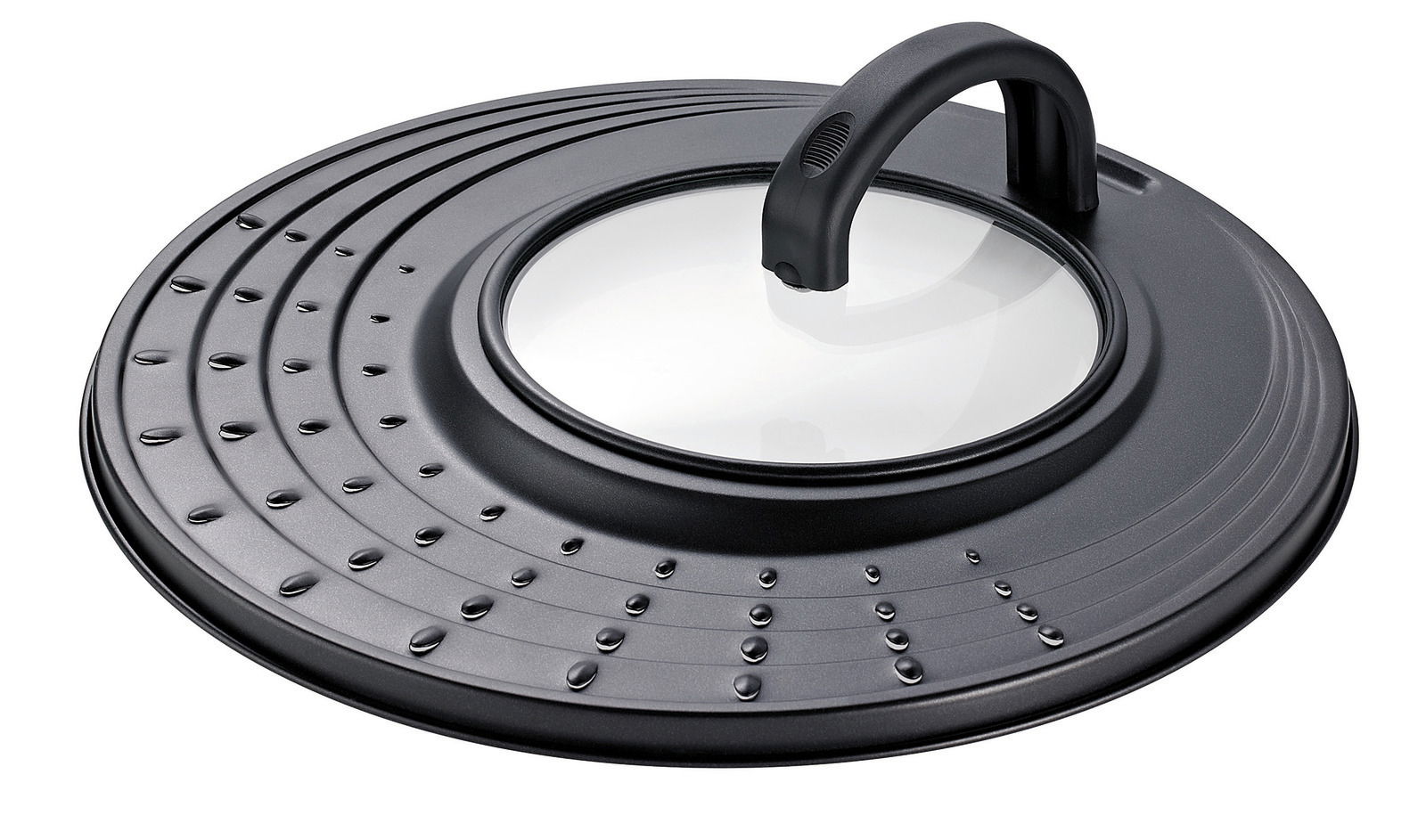 Schulte-Ufer Spritzschutzdeckel NEBRA Schwarzer Spritzschutzdeckel Nebra mit Glasfenster und Griff, seitliche Perspektive