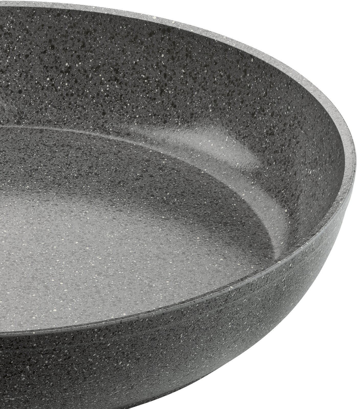 Nahaufnahme einer grauen Bratpfanne mit 32 cm Durchmesser, seitliche Perspektive
