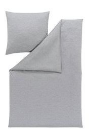 Graue Bettwäsche-Set bestehend aus einem Kissenbezug und einem Bettdeckenbezug, von oben betrachtet.